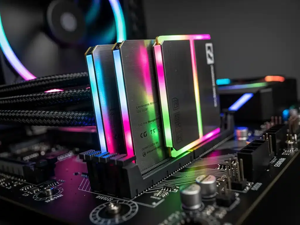 Modulo RAM RGB installato in una scheda madre da gaming, illuminato per simboleggiare prestazioni elevate e overclocking.
