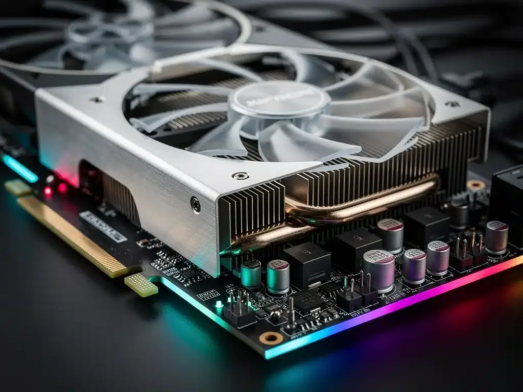 Dettaglio ravvicinato di una GPU di prossima generazione con sistema di raffreddamento avanzato e illuminazione RGB.
