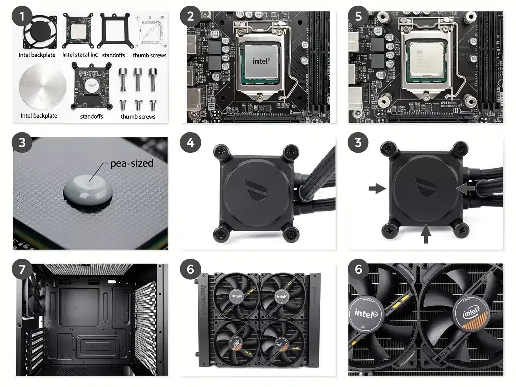 Diagramma dettagliato dell'installazione di un dissipatore a liquido AIO su una scheda madre Intel, inclusi pasta termica e montaggio della pompa.