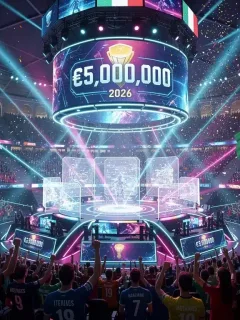 Arena esports futuristica con ologramma di 5 milioni di euro, simbolo del Montepremi Esports Italiani 2026.