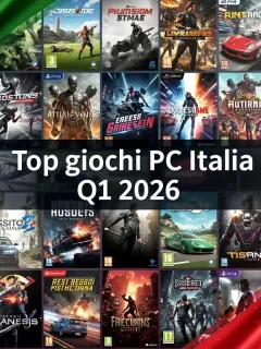 Copertina di giochi PC più venduti in Italia nel primo trimestre 2026, con elementi di design italiano.
