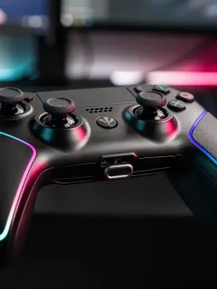 Controller gaming professionale con mappatura personalizzabile e feedback aptico, illuminato da luci LED, su uno sfondo di setup da gaming.