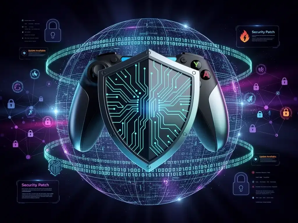 Scudo digitale che protegge un controller di gioco, simbolo della sicurezza informatica nei giochi PC.