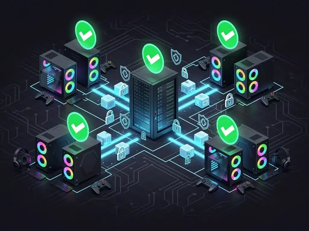 Diagramma di rete con dati sicuri tra PC gaming e server, mostrando l'importanza delle patch di sicurezza.