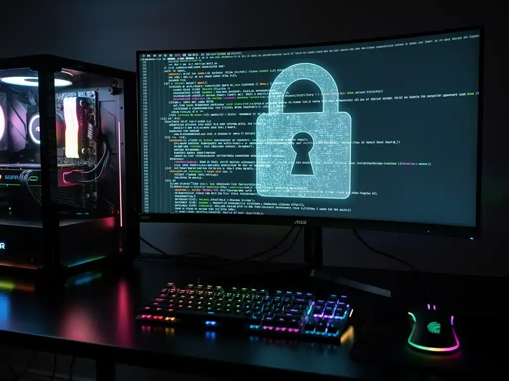 Icona di lucchetto su schermo di PC gaming che simboleggia gli aggiornamenti critici per i giochi PC e le patch di sicurezza.