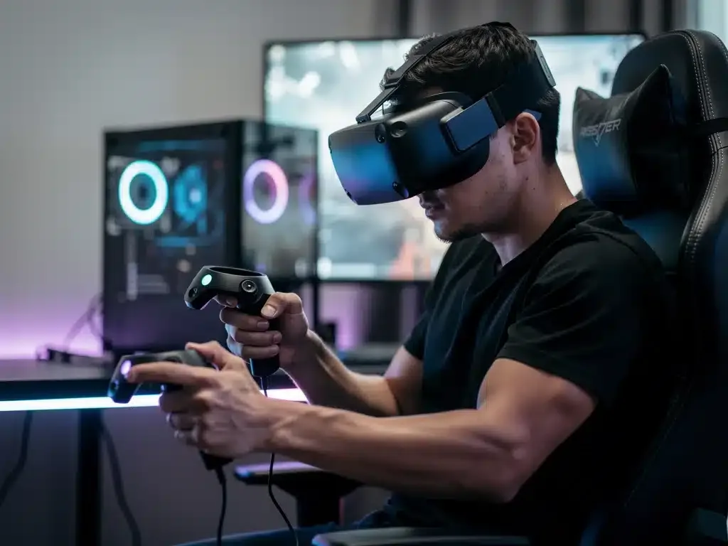 Gamer immerso nella realtà virtuale con controller avanzati e PC