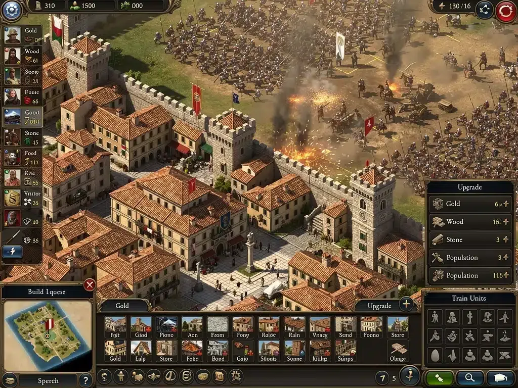 Screenshot di un gioco di strategia italiano in sviluppo, che mostra un'interfaccia complessa di costruzione di città o una battaglia su larga scala.