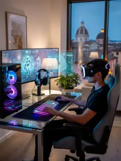 Giocatore con visore VR immerso in un ambiente di gioco futuristico in Italia, simboleggiando le tendenze di sviluppo dei giochi PC 2026.