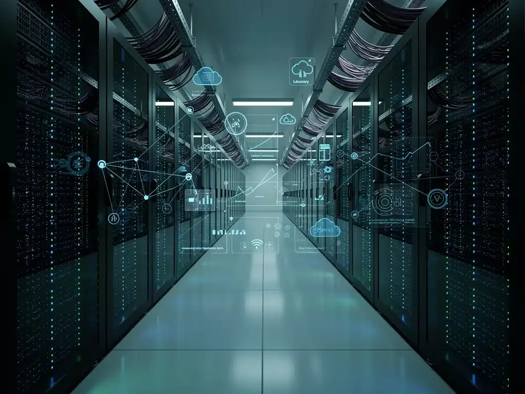 Data center con server illuminati, infrastruttura tecnologica per il cloud gaming.