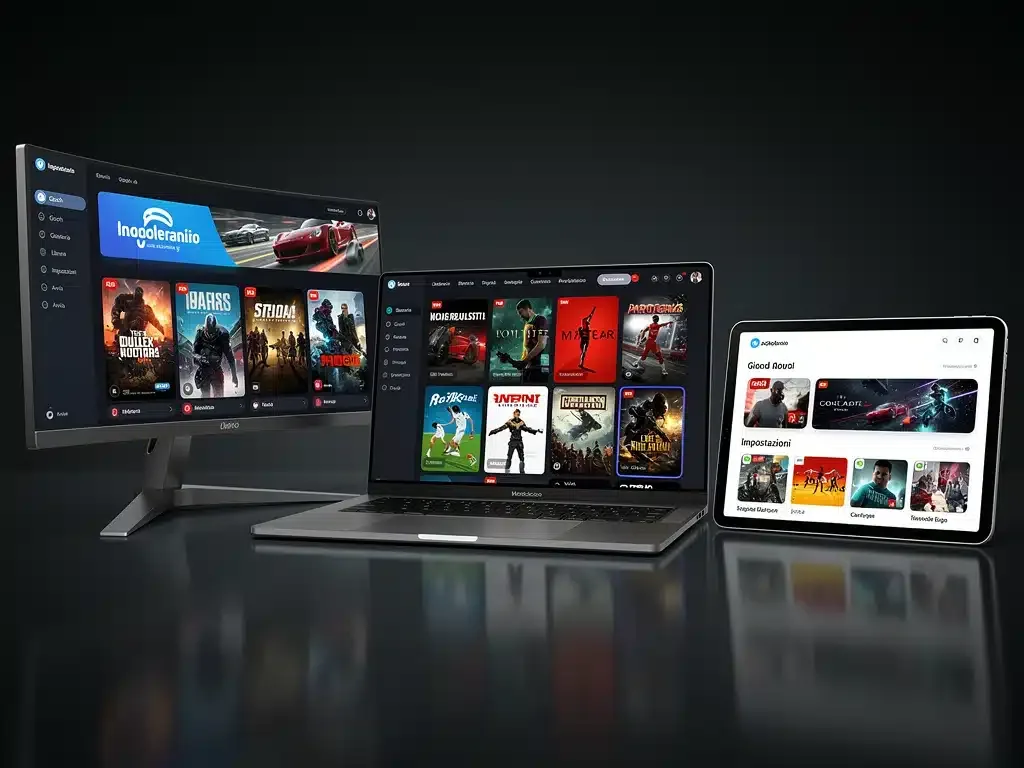 Interfacce utente di tre piattaforme cloud gaming su schermi diversi, con librerie di giochi varie.