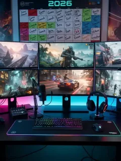 Configurazione PC gaming futuristica con schermi che mostrano prossimi rilasci di giochi 2026.
