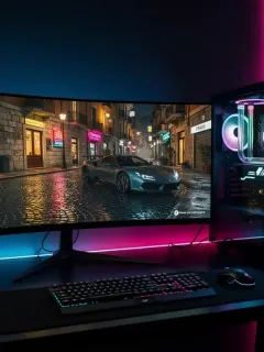Configurazione gaming futuristica con PC ad alte prestazioni che mostra un gioco AAA italiano con grafica iper-realistica e illuminazione avanzata.