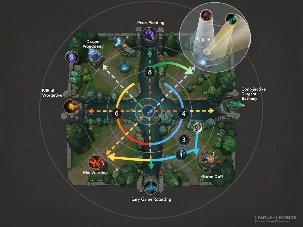 Analisi strategica della mappa di League of Legends con percorsi della giungla e posizioni di visione.