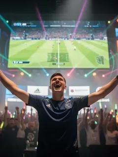 Giocatore professionista di FIFA esulta sul palco durante un torneo esports in Italia, con loghi di sponsor visibili e un pubblico entusiasta.