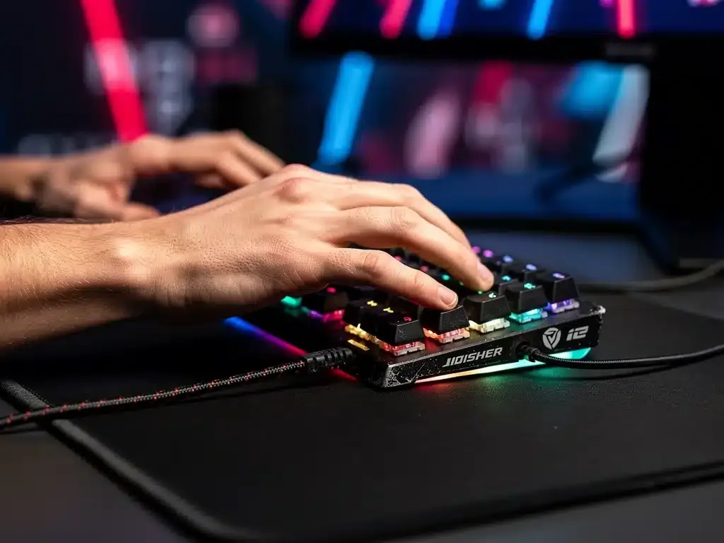 Mani di un giocatore esports su tastiera e mouse da gaming durante una competizione.