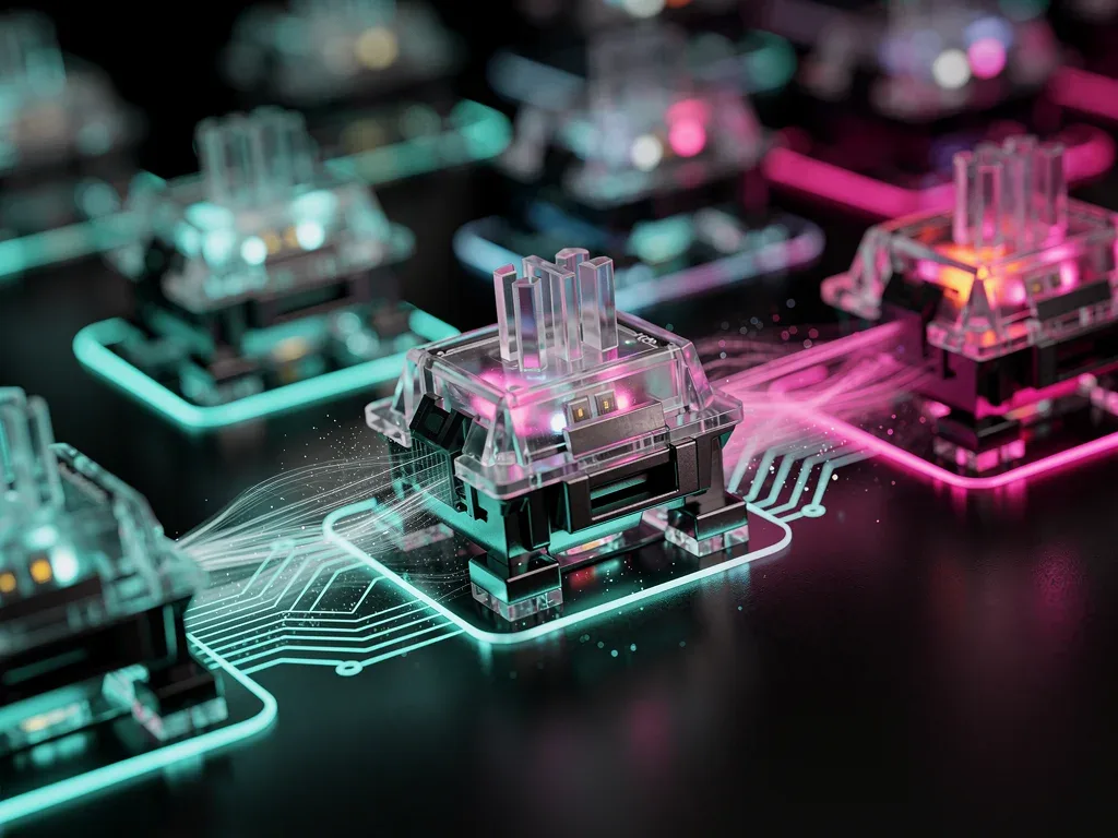Confronto ravvicinato tra switch ottici e magnetici a effetto Hall per tastiere, evidenziando la tecnologia di attivazione e la reattività ultrarapida.