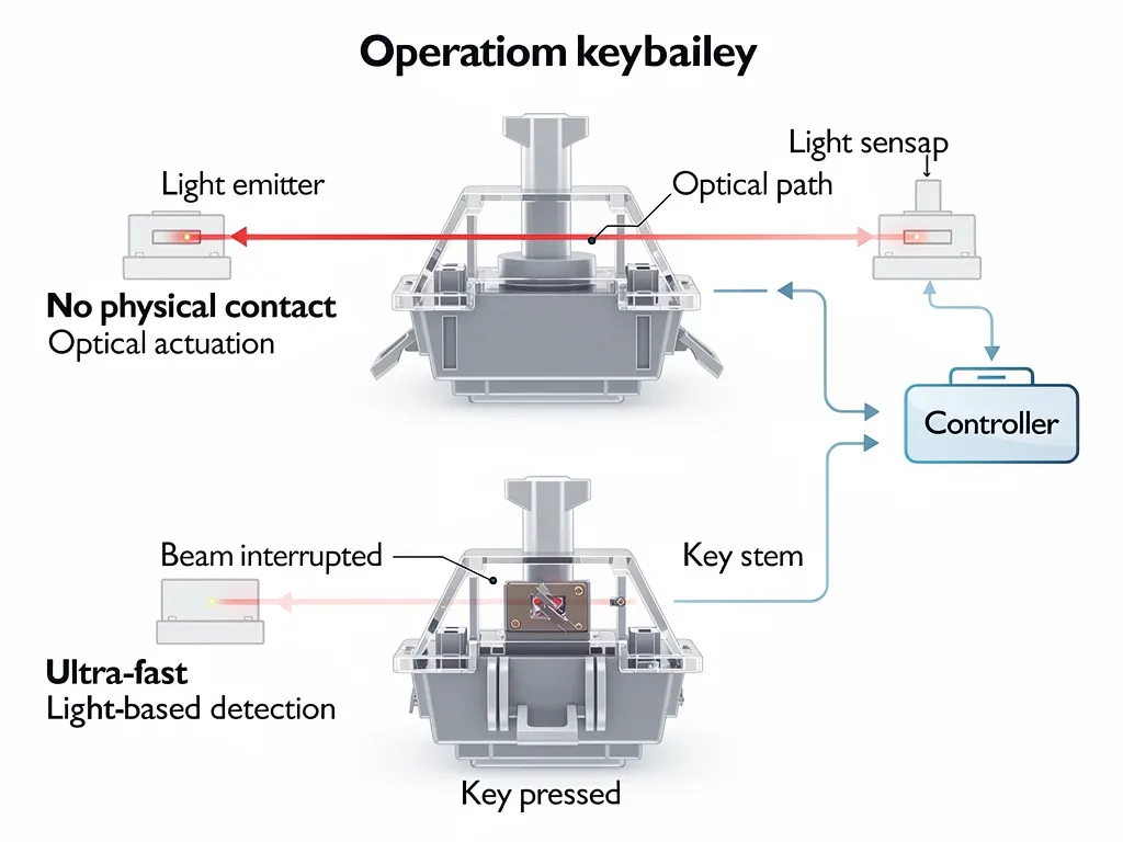 Schema di funzionamento di uno switch ottico, con raggio di luce interrotto per l'attivazione, simbolo di velocità e precisione.