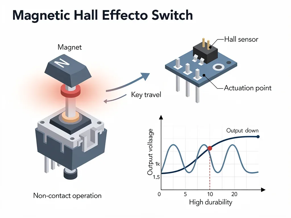 Schema di funzionamento di uno switch magnetico a effetto Hall, con magnete e sensore per un'attivazione personalizzabile e duratura.