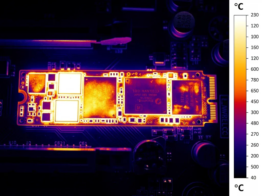 Immagine termica di un SSD NVMe sotto carico, con punti caldi e distribuzione della temperatura.