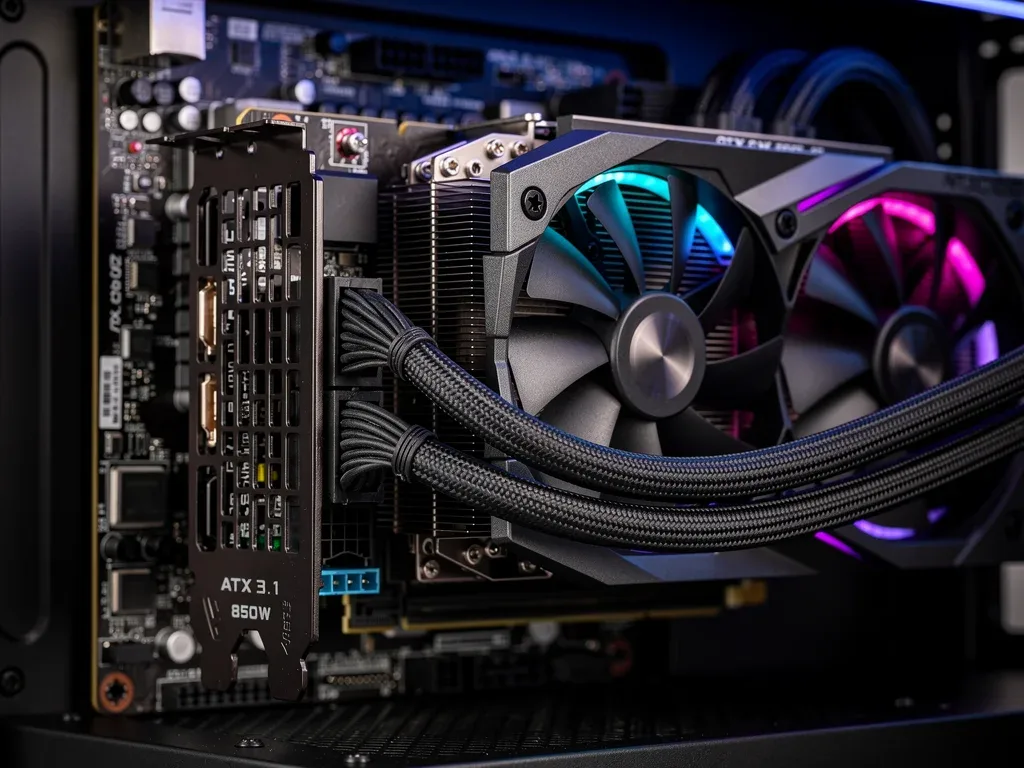 Alimentatore ATX 3.1 da 850W con connettore 12V-2x6 in un PC gaming, prevenendo il surriscaldamento della GPU.