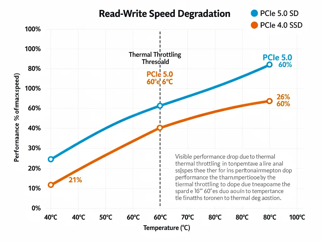 Grafico comparativo del calo di velocità di SSD PCIe 5.0 e 4.0 con l'aumento della temperatura.