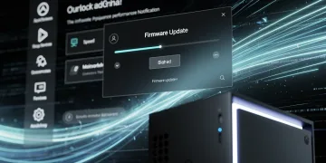 Notifica di aggiornamento firmware su una console di gioco moderna, con effetti digitali che indicano miglioramenti delle prestazioni.