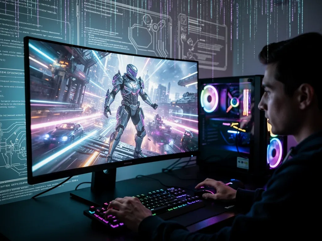 Giocatore concentrato su uno schermo ad alta risoluzione, con grafica fluida che dimostra le prestazioni di gioco ottimizzate dal firmware.