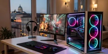 Configurazione di un PC gaming compatto ad alte prestazioni in un ambiente moderno italiano, con illuminazione RGB.