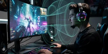 Gamer con cuffie futuristiche, immerso in un'esperienza di gioco con audio spaziale avanzato, simbolo della configurazione audio immersiva per il gaming del 2026.