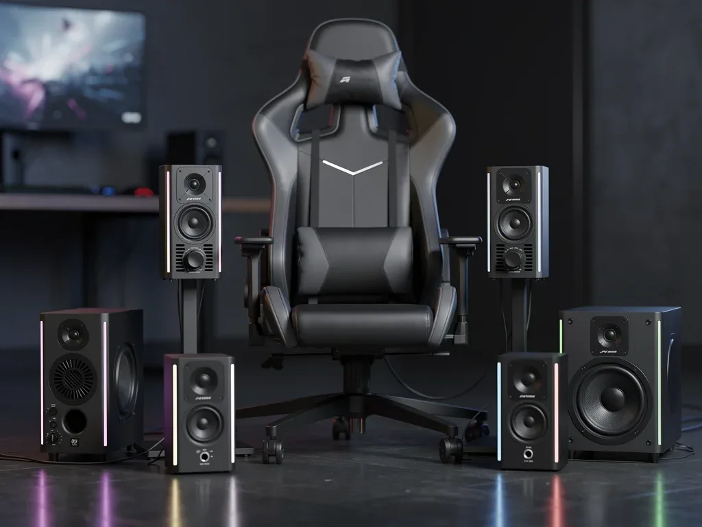 Sistema audio surround di nuova generazione con altoparlanti posizionati strategicamente per un'esperienza di configurazione audio immersiva per il gaming.