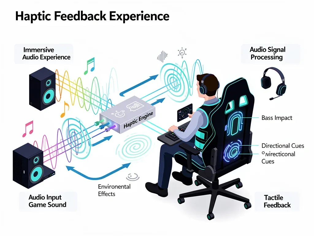 Diagramma esplicativo dell'integrazione di feedback aptico con l'audio di gioco, che illustra come le vibrazioni migliorano la configurazione audio immersiva per il gaming.