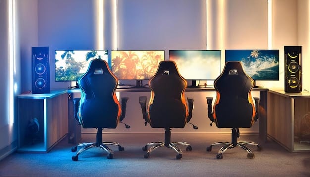A panoramic shot of a streamer's complete gaming setup, including multiple monitors, a high-end gaming PC, professional microphone, and comfortable gaming chair.