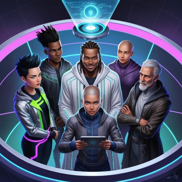 A dynamic and colorful image displaying a diverse group of League of Legends players engaging in a workshop, brainstorming ideas for a community project. Focus on teamwork and creative problem-solving.