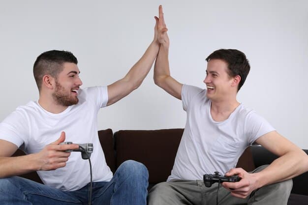 A team of League of Legends players high-fiving each other after winning a match at a local tournament, illustrating the excitement and teamwork involved in competitive events. The players are wearing matching team jerseys and are surrounded by cheering spectators.