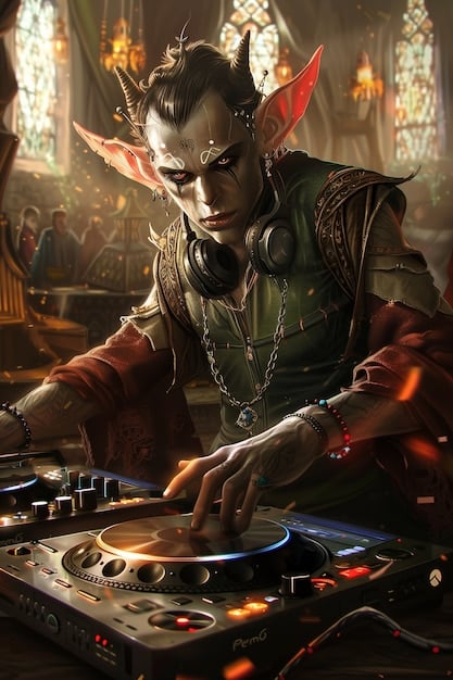 A digital artwork of a League of Legends champion DJing at a music festival. The champion is surrounded by musical notes and sound waves, with a vibrant crowd of other champions dancing in the background. The artwork captures the energy and excitement of a League of Legends music event.