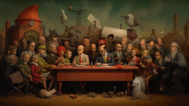 A detailed digital painting depicting a council meeting in Piltover, featuring prominent figures like Caitlyn, Vi, and Jayce, discussing innovative technologies and the potential risks they pose to the city's delicate balance.