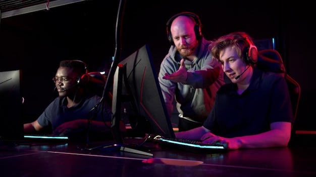 An image of an esports team coach analyzing game data on a screen, surrounded by players in a training room, highlighting the integration of data analytics in improving team performance.