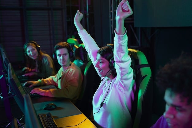 A photograph of an esports team celebrating a victory on stage at a major tournament, showcasing their teamwork and competitive spirit.