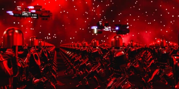 Interior of a bustling esports arena during a major tournament. Gamers are on stage, illuminated by spotlights, with a large crowd cheering them on.