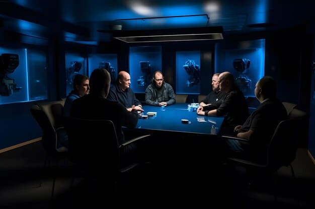 A group of esports executives in a boardroom, reviewing documents and discussing a potential broadcasting rights deal. The atmosphere is professional and focused.