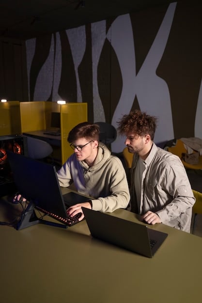 A team of esports analysts working together, examining data visualizations on multiple screens to identify strategic opportunities and insights.
