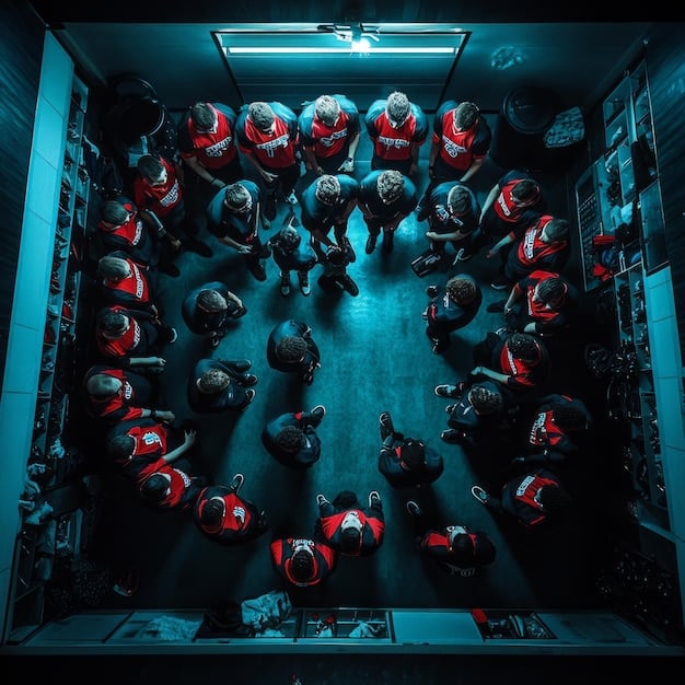 An esports team in a huddle, with the coach at the center, all looking focused and determined, representing strong team cohesion.