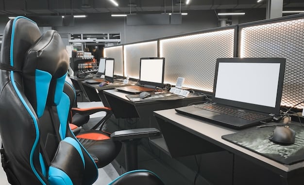 A state-of-the-art esports training facility equipped with high-end gaming PCs, ergonomic chairs, and large monitors. The facility also includes a dedicated area for coaching sessions and strategy discussions.