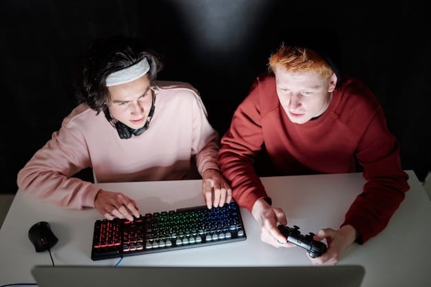 Two esports players are sitting at a table, looking at a detailed esports contract on a tablet. Beside them, a team manager explains a specific clause with gestures, emphasizing points with a stylus on the screen. The scene is set in a modern esports training facility.