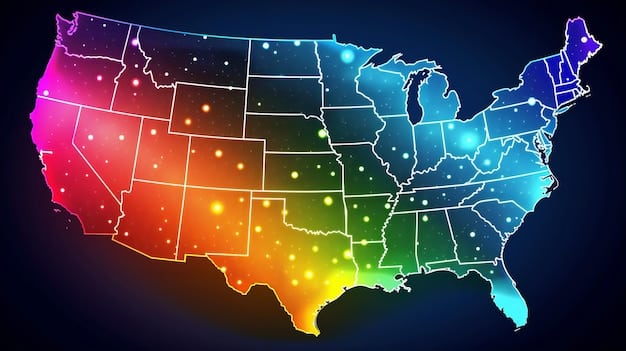 A map of the United States, with each state colored differently to indicate its current legal status regarding esports betting (legalized, pending legislation, prohibited), accompanied by a key highlighting the specifics of each category.