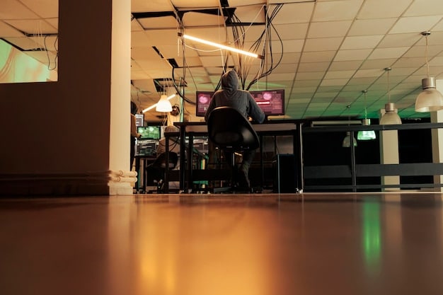 A wide shot of a state-of-the-art esports training facility. The room is filled with rows of high-performance gaming PCs, ergonomic chairs, and multiple large monitors displaying live game feeds. The lighting is optimized for focus, and the overall design is sleek and modern. A coach is visible, reviewing gameplay footage with a small group of students.