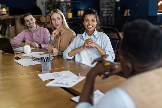 A diverse group of colleagues sitting around a conference table, engaged in a lively brainstorming session. Colorful sticky notes cover a whiteboard, and team members are actively listening and contributing, fostering a collaborative environment.