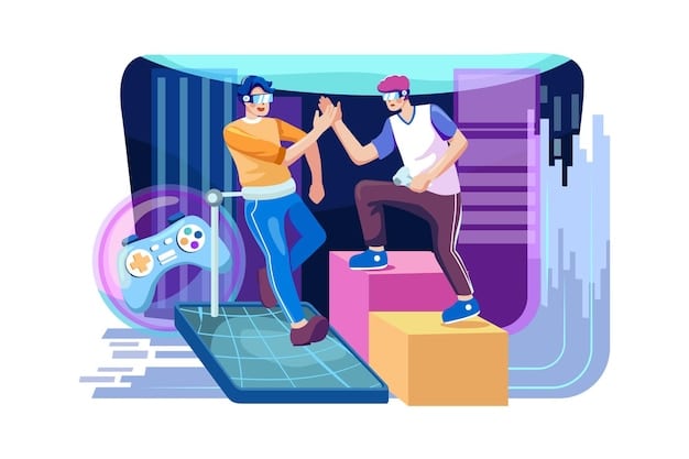 A stylized illustration of a diverse group of gamers collaborating and competing in a futuristic virtual environment, showcasing the social and interactive aspects of modern gaming.