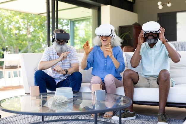 A group of excited gamers wearing haptic vests and VR headsets, engrossed in a multiplayer VR game, showcasing the social and immersive aspect of haptic technology.