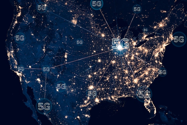 A detailed map of the US showing varying degrees of 5G coverage across different states and major cities, with color-coded areas for low-band, mid-band, and millimeter-wave deployments, highlighting the patchwork nature of adoption.